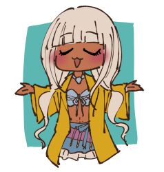 1girl :d bikini blush danganronpa_(series) danganronpa_v3:_killing_harmony green_background grey_hair highres jacket layered_skirt long_hair miniskirt navel navel_piercing open_clothes open_jacket open_mouth orange_jacket piercing skirt smile solo swimsuit white_background yonaga_angie youko-shima