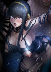 1girl 2boys bar_censor black_dress black_hair blush breasts censored cleavage clothed_female_nude_male commentary_request dress erection flower gold_hairband group_sex hair_flower hair_ornament hairband hetero highres large_breasts large_variant_set long_hair looking_at_viewer mmf_threesome multiple_boys nipples nude onigirikun open_mouth paid_reward_available penis pussy_juice rape red_eyes restrained rose sex solo_focus spy_x_family sweat threesome torn_clothes torn_dress variant_set yor_briar