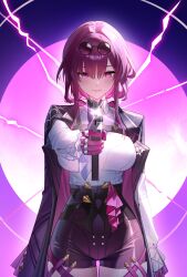 1girl absurdres aiming aiming_at_viewer black_jacket breasts chest_harness closed_mouth cowboy_shot electricity eyewear_on_head glasses gloves harness high-waist_shorts highres honkai:_star_rail honkai_(series) jacket kafka_(honkai:_star_rail) large_breasts looking_at_viewer pince-nez purple_eyes purple_gloves purple_hair round_eyewear shirt shorts smile solo spider_web_print straight-on white_shirt yueyueyue_yao