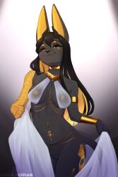 1girl absurdres ancient_egyptian ankh_tattoo armor bare_shoulders blonde_hair bracelet breasts brown_hair closed_mouth commission cowboy_shot furry furry_female gold_armor gold_bracelet gradient_background grey_background highres jewelry large_breasts long_hair multicolored_hair navel_piercing original piercing pudgeruffian pussy smile solo tattoo two-tone_hair