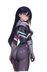 1girl ass black_bodysuit blush bodysuit breasts from_behind green_eyes gundam gundam_gquuuuuux highres huo_ji_wu long_hair looking_at_viewer looking_back mecha_pilot_suit medium_breasts normal_suit_(gundam) nyaan_(gundam_gquuuuuux) purple_hair shiny_clothes simple_background skin_tight solo standing white_background