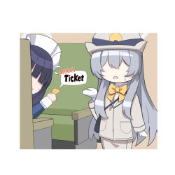 Rule 34 | 2girls, bag, bench, blue archive, blunt bangs, commentary request, english text, faceless, faceless female, gloves, grey hair, hair between eyes, halo, handbag, hat, highlander railway academy student (hg) (blue archive), holding, holding ticket, indoors, long hair, long sleeves, medical emergency club member (blue archive), multiple girls, nurse, nurse cap, o (rakkasei), sidelocks, sweatdrop, ticket, train attendant, train interior, travel attendant, white gloves