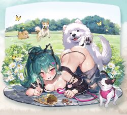 1girl all_fours animal_ear_hairband animal_ears animal_hands aqua_hair arched_back ass bag ball bare_shoulders belt bench black_choker black_jacket blush breasts brown_dog bug butt_crack butterfly butterfly_on_ass chain choker cleavage clothes_pull collar collarbone crossed_bangs day denim dog dog_ears dog_request fake_animal_ears flower foliage forced_smile full_body girls&#039;_frontline grass hair_between_eyes hair_ornament hairband hairclip heart heavy_breathing highres holding holding_leash insect jacket jeans jewelry jumping large_breasts leash long_hair looking_at_viewer m327_(cutie_trainer)_(girls&#039;_frontline) m327_(girls&#039;_frontline) medium_breasts o-ring o-ring_arm_strap off_shoulder official_alternate_costume official_art open_clothes open_jacket open_mouth outdoors panties pants pants_pull park path pet_food ponytail purple_belt rayno red_eyes ring road shoes sneakers solo stone_floor strapless striped_clothes striped_jacket sweat tennis_ball third-party_edit third-party_source tongue tongue_out torn_clothes torn_jeans torn_pants transparent_background tree tube_top underwear v vertical-striped_clothes vertical-striped_jacket waving white_dog white_flower white_panties white_shoes white_tube_top whoisshe yellow_butterfly