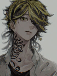 1boy black_shirt blonde_hair brown_hair commentary_request earrings grey_background hair_over_one_eye hanemiya_kazutora highres jewelry jiz_(pffbq) looking_at_viewer male_focus medium_hair mole mole_under_eye muted_color neck_tattoo portrait shirt simple_background single_earring solo tattoo tiger_tattoo tokyo_revengers yellow_eyes
