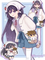 Rule 34 | 1girl, :3, :d, ;d, ankle boots, ankle socks, arm behind back, arms behind back, bag, basket, black hair, blue background, blue shorts, boots, border, bright pupils, brown boots, buttons, character doll, chibi, chibi inset, closed mouth, collared shirt, colored eyelashes, crossed legs, doll, double-parted bangs, feet out of frame, flower, full body, fur jacket, hair behind ear, hair between eyes, hakama, hakama shorts, headscarf, heart, hero (faraway) (omori), hero (omori), highres, holding, holding doll, inset border, jacket, jacket partially removed, japanese clothes, jumping, leaning forward, lily of the valley, long hair, looking at viewer, mari (birthday) (omori), mari (faraway) (omori), mari (omori), middle finger, multiple views, neck ribbon, official alternate costume, omori, one eye closed, open clothes, open jacket, open mouth, outline, outside border, photo (object), pink socks, purple eyes, purple shirt, red ribbon, ribbed socks, ribbon, ryo pen17, shirt, shirt tucked in, shorts, shoulder bag, simple background, smile, socks, socks over thighhighs, sparkle, straight hair, teeth, thighhighs, tongue, twitter username, upper teeth only, very long hair, white border, white flower, white headscarf, white jacket, white outline, white pupils, white thighhighs
