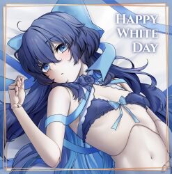 1girl artist_request blue_bow blue_bra blue_eyes blue_hair blush bow bra breasts doll_joints expressionless hair_between_eyes hair_bow highres joints little_witch_nobeta long_hair looking_at_viewer lying navel official_art on_back small_breasts solo tania_(little_witch_nobeta) underwear upper_body very_long_hair white_day