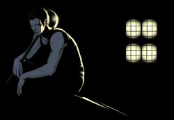 1boy east_blue exb gin_(one_piece) looking_at_viewer male_focus one_piece sitting solo tank_top tonfa weapon