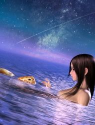 1girl 3d black_hair brown_hair dutch_angle female_focus hinemaru long_hair night night_sky ocean shooting_star sky solo star_(sky) star_(symbol) starry_sky turtle water wet