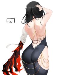 1girl arm_behind_head artist_name ass bare_shoulders black_choker black_dress black_hair chain choker claws dress from_behind gold_chain highres hip_vent icoo meme_attire modakawa_dress solo tales_of_(series) tales_of_berseria velvet_crowe