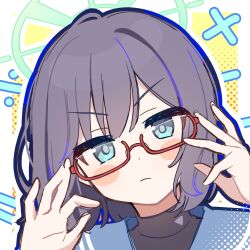 1girl adjusting_eyewear black_shirt blue_archive blue_eyes blush blush_stickers glasses halo highres hyakucha looking_at_viewer purple_hair red-framed_eyewear saki_(blue_archive) semi-rimless_eyewear shirt short_hair solo