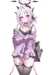 1girl absurdres bare_shoulders black_choker black_halo black_horns black_thighhighs blue_archive blush breasts choker demon_girl demon_horns demon_wings forehead hair_ribbon halo highres hina_(blue_archive) horns looking_at_viewer low_wings multiple_horns off_shoulder parted_bangs purple_eyes purple_wings ribbon simple_background sleeves_past_wrists small_breasts solo standing thighhighs underwear white_background white_hair wings yerim