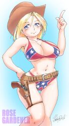 1girl belt bikini blonde_hair blue_eyes breasts closed_mouth collarbone confederate_flag_bikini cowboy_hat cowgirl_(western) eyelashes gun gunbelt hand_on_own_hip handgun hat index_finger_raised knees_together_feet_apart large_breasts looking_at_viewer navel original revolver rose_gardener signature smile solo swimsuit thigh_gap underboob weapon yabataso
