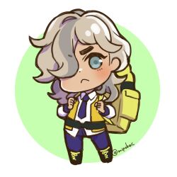 1boy arven_(pokemon) backpack bag blue_eyes chibi chibi_only closed_mouth collared_shirt frown full_body grey_hair hair_over_one_eye highres long_sleeves looking_at_viewer male_focus medium_hair mipokec necktie nintendo open_clothes open_vest pants pokemon pokemon_sv purple_necktie purple_pants school_uniform shirt simple_background solo twitter_username uva_academy_school_uniform vest white_shirt yellow_bag yellow_vest