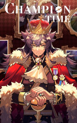 1boy absurdres buttons cane cape closed_mouth commentary_request crown drawing_(object) facial_hair fingernails frills fur-trimmed_cape fur_trim hair_between_eyes highres holding holding_cane huge_filesize jewelry leon_(pokemon) long_hair male_focus medal nintendo own_hands_together picture_frame pokemon pokemon_swsh purple_hair red_cape ring solo youchengyan