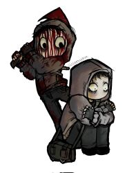 2boys arms_on_knees axe bag bags_under_eyes black_eyes black_gloves black_hair bleeding blood blood_on_clothes blood_on_face blood_on_hands chibi chibi_only cry_of_fear curled_up denim dilated_pupils dual_persona fingerless_gloves fire_axe full_body gloves grey_hoodie highres holding holding_axe hood hood_up hoodie hugging_own_legs imminent_attack jeans lisleepyam looking_at_another male_focus multiple_boys no_mouth on_ground pants shoulder_bag simon_henriksson sitting white_background