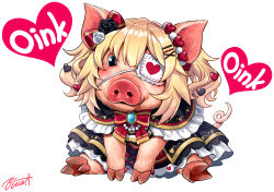 akai_haato animalization black_capelet black_dress black_eyes buru-dai capelet commentary_request dress eyepatch frilled_capelet frills hair_ornament heart heart_hair_ornament hololive no_humans pig signature sitting twintails