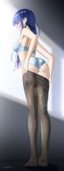 1girl absurdres artist_name ass blue_bra blue_eyes blue_hair blue_panties blush bra breasts dressing engage_kiss feet from_behind highres large_breasts legs lifting_own_clothes long_hair panties pantyhose pink_lips sideboob smile solo thighs underwear yuugiri_ayano