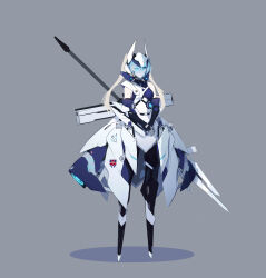 1girl absurdres armor blonde_hair blue_eyes elbow_gloves full_body gloves grey_background helmet highres jhcrow3 long_hair mecha_musume original polearm shadow simple_background solo standing twintails variant_set weapon