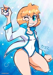 1girl absurdres banchoramen blush breasts eyelashes female_focus gen_1_pokemon gen_2_pokemon green_eyes gym_leader highres holding holding_poke_ball jacket legs medium_breasts misty_(pokemon) navel nintendo one-piece_swimsuit one_eye_closed orange_hair poke_ball pokemon pokemon_hgss short_hair smile solo swimsuit thighs white_one-piece_swimsuit wink