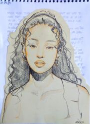 1girl artist_name black_hair curly_hair dated earrings enri_(ceinordraws) graphite_(medium) highres jewelry katseye lips long_hair looking_at_viewer lyrics manon_(katseye) monochrome parted_lips ponytail real_life realistic signature sketch solo traditional_media upper_body