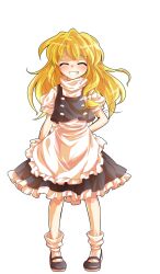 1girl alphes_(style) apron black_dress black_shoes blonde_hair blush bow braid closed_eyes commentary_request dairi dress full_body grin kirisame_marisa large_variant_set long_hair no_headwear parody puffy_sleeves shirt shoes short_sleeves single_braid smile socks solo style_parody tachi-e touhou transparent_background turtleneck variant_set waist_apron white_bow white_socks