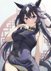 1girl alternate_costume animal_ears black_dress black_hair blue_eyes braid breasts china_dress chinese_clothes closed_mouth commentary_request covered_navel double_bun dress grey_background hair_bun highres horse_ears horse_girl horse_tail large_breasts long_hair looking_at_viewer shuten_(shutehaan) smile solo tail twin_braids umamusume verxina_(umamusume)