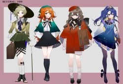 4girls absurdres alternate_costume ankle_bow ankle_ribbon bag beret black_bow black_bowtie black_footwear black_hairband black_hat black_scarf black_skirt black_thighhighs blonde_hair blue_dress blue_eyes blue_hair boots border bow bowtie brown_bag brown_hair cane cloak closed_mouth coat collared_shirt colored_inner_hair copyright_name crossed_legs dot_mouth dress expressionless full_body green_cloak green_eyes green_hat grey_background grey_eyes grey_hair hair_bun hair_intakes hairband hand_on_cane hat high_heels highres holding holding_suitcase jacket knee_boots long_hair long_sleeves looking_at_viewer loose_socks marcus_(reverse:1999) miaa_owo miniskirt multicolored_hair multiple_girls neck_ribbon orange_hair outside_border pencil_skirt pink_border puffy_long_sleeves puffy_sleeves purple_ribbon red_coat red_hat reverse:1999 ribbed_socks ribbon scarf see-through_clothes see-through_sleeves shirt shirt_tucked_in short_dress short_hair shoulder_bag single_side_bun skirt socks sonetto_(reverse:1999) standing straight-on suitcase thighhighs two_side_up vertin_(reverse:1999) voyager_(reverse:1999) watson_cross white_shirt white_socks yellow_jacket zettai_ryouiki