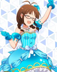 1girl ^_^ ahoge akizuki_ritsuko antenna_hair aqua_dress aqua_gloves aqua_hat arm_up armlet bare_shoulders blush braid brown_eyes brown_hair closed_eyes cowboy_shot dress drop_shadow frilled_dress frills glasses gloves hand_up hat idolmaster idolmaster_(classic) idolmaster_million_live! idolmaster_million_live!_theater_days jewelry mini_hat monster!_slime_(idolmaster) necklace off-shoulder_dress off_shoulder official_art open_mouth pearl_necklace smile solo standing tilted_headwear triangle twin_braids twintails