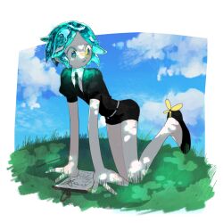 1other all_fours aqua_eyes aqua_hair black_jacket black_necktie black_shoes black_shorts bug butterfly cloud cloudy_sky day glint grass hashtag-only_commentary highres houseki_no_kuni insect jacket necktie other_focus outdoors paper parted_lips phosphophyllite puffy_sleeves rgxhuapxti52448 shoes short_hair short_shorts shorts sky
