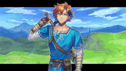 Rule 34 | 1boy, anmochi, arm guards, belt, black hair, blue tunic, brown belt, brown gloves, cosplay, curtained hair, earrings, fingerless gloves, gloves, grass, heterochromia, highres, holding, holding sword, holding weapon, holostars, jewelry, letterboxed, link, link (cosplay), long sleeves, looking at viewer, male focus, mole, mole under eye, mountain, multicolored hair, nintendo, orange eyes, orange hair, outline, outside border, parted bangs, ponytail, purple eyes, short ponytail, smile, solo, streaked hair, sword, the legend of zelda, the legend of zelda: breath of the wild, tunic, upper body, virtual youtuber, weapon, weapon on back, white outline, yukoku roberu