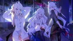 3girls :d absurdres adjusting_clothes adjusting_footwear adjusting_legwear ahoge alternate_costume arm_support ass back_tattoo backless_shirt backlighting black_choker black_pantyhose black_shoes black_skirt black_thighhighs blue_archive building choker cloud cloudy_sky collared_shirt commentary_request demon_girl demon_horns demon_tail demon_wings drying drying_hair forehead hair_between_eyes halo head_tilt height_difference high_heels highres hina_(blue_archive) horns indoors long_hair long_sleeves looking_at_another looking_at_viewer luna_(treeplanting) medium_hair mother_and_daughter multiple_girls night night_sky open_mouth original panties pantyhose pantyshot parted_bangs pencil_skirt pointy_ears purple_eyes rain red_eyes shirt shoes sidelocks sitting skirt sky skyscraper sleeveless sleeveless_shirt smile standing standing_on_one_leg star_(sky) starry_sky sun_(treeplanting) tail tattoo thighhighs towel towel_on_head treeplanting underwear wavy_hair white_hair white_shirt window wings yellow_panties