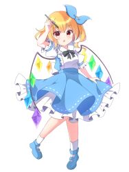 1girl ako_oekaki alternate_costume black_ribbon blonde_hair blue_ribbon blue_shoes blue_skirt crystal_wings flandre_scarlet frilled_skirt frills full_body hair_ribbon holding holding_pen light_blush medium_hair multicolored_wings open_mouth pen puffy_short_sleeves puffy_sleeves red_eyes ribbon shoes short_sleeves side_ponytail simple_background skirt socks touhou white_background white_socks wings