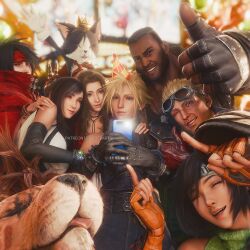 3d 3girls aerith_gainsborough animal arm_around_shoulder armor armored_gloves bangle barret_wallace beard belt black_bra black_fur black_gloves black_hair black_pants blonde_hair blue_eyes blue_jacket blurry blurry_background bra bracelet breasts brown_hair cait_sith_(final_fantasy) cape cat choker cid_highwind clawed_gauntlets cloak closed_eyes closed_mouth cloud_strife crop_top crown dark-skinned_male dark_skin dog_tail earrings elbow_gloves facial_hair final_fantasy final_fantasy_vii final_fantasy_vii_rebirth final_fantasy_vii_remake fingerless_gloves flower_choker gloves goggles goggles_on_head green_eyes green_shirt hair_between_eyes hat headband highres holding holding_another&#039;s_arm holding_phone jacket jewelry leather leather_gloves long_hair materia medium_breasts mini_crown multiple_belts multiple_boys multiple_girls one_eye_closed open_mouth orange_gloves pants parted_lips party_hat patreon_username pauldrons phone red_cape red_cloak red_eyes red_gloves red_headband red_jacket red_xiii ria_(baka-neearts) scar scar_across_eye scar_on_face shirt short_hair shoulder_armor sidelocks single_bare_shoulder single_earring single_pauldron sleeveless sleeveless_turtleneck smile spiked_hair sports_bra stubble suspenders tail taking_picture thumbs_up tifa_lockhart tongue tongue_out turtleneck tuxedo_cat two-tone_fur underwear upper_body v very_short_hair vincent_valentine waving white_fur white_gloves white_shirt yuffie_kisaragi