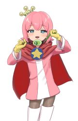 1boy black_pantyhose blue_eyes cape commentary cowboy_shot crime_prevention_buzzer crime_prevention_buzzer_threat crown gloves half-closed_eyes hands_up highres holding looking_at_viewer male_focus mini_crown motimoti_mgmg ocean_prince open_mouth pantyhose pink_hair pink_tunic puyopuyo puyopuyo_fever_2 red_cape salde_canarl_shellbrick_iii shukusei!!_loli-kami_requiem simple_background smile solo sparkling_eyes star_(symbol) thighhighs trap tunic white_background white_thighhighs yellow_gloves