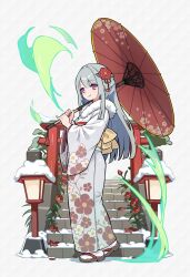 1girl camellia character_request closed_mouth flower from_side full_body grey_hair hair_ornament highres holding holding_umbrella japanese_clothes kimono long_hair long_sleeves looking_at_viewer mwm5 obi oil-paper_umbrella print_kimono sandals sash simple_background smile snow solo stairs standing torii umbrella wide_sleeves world_flipper