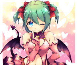 Rule 34 | 1girl, bad id, bad pixiv id, bare shoulders, blue eyes, bow, cleavage cutout, closed mouth, clothing cutout, demon girl, demon tail, demon wings, elbow gloves, female focus, fingerless gloves, gloves, green hair, hair bow, hatsune miku, hatsune miku (heart hunter), heart, heart background, heart cutout, highres, looking at viewer, navel, one eye closed, pink gloves, red bow, ryuuga sazanami, short hair, smile, solo, tail, twintails, upper body, vocaloid, wings