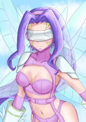 1girl arm_warmers belt blue_sky breasts butterfly_hair_ornament butterfly_wings cleavage closed_mouth cloud commentary_request covered_collarbone covered_eyes cowboy_shot crossed_bangs day digimon digimon_(creature) digimon_frontier elbow_gloves facial_mark fairimon garter_straps gloves grey_gloves hair_ornament hairband head-mounted_display highres insect_wings large_breasts long_hair navel purple_belt purple_hair purple_hairband shoulder_pads sky smile solo stomach strapless wings withlike