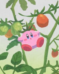 Rule 34 | blue eyes, blush stickers, commentary, green background, highres, kirby, kirby (series), leaf, miclot, nintendo, no humans, open mouth, plant, solo, symbol-only commentary, tomato
