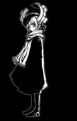 1girl absurdres black_background boots coat deus_ex_maki-chan expressionless full_body hat high_contrast highres horns long_hair looking_at_viewer mechanical_horns monochrome nazo_no_diaboro original ringed_eyes scarf solo