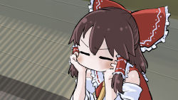 1girl ascot blush bow brown_hair chamaji closed_eyes collared_shirt commentary_request detached_sleeves frilled_bow frilled_shirt_collar frills hair_bow hair_tubes hakurei_reimu hand_rest highres japanese_clothes light medium_hair miko nontraditional_miko red_shirt shirt sidelocks sitting touhou veranda wide_sleeves yellow_ascot