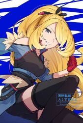 1girl blonde_hair breasts collarbone commentary_request cynthia_(pokemon) cynthia_(sygna_suit)_(aura)_(pokemon) gloves grey_eyes hair_over_one_eye hair_ribbon high_ponytail highres large_breasts long_hair looking_at_viewer nintendo nisanrei121 official_alternate_costume open_mouth pokemon pokemon_masters_ex ponytail red_gloves ribbon shorts smile solo very_long_hair