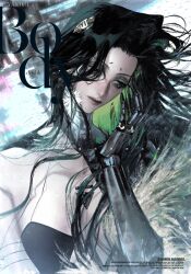 1girl acyantree artist_name black_hair breasts facial_mark green_hair highres long_hair mechanical_arms multicolored_hair original solo