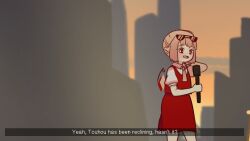 Rule 34 | 1girl, blonde hair, collared shirt, commentary, english text, eyewear on head, flandre scarlet, fourth wall, highres, holding, holding microphone, microphone, one side up, pointy ears, puffy short sleeves, puffy sleeves, red eyes, red skirt, red vest, shirt, short hair, short sleeves, skirt, stage, symbol-only commentary, touhou, vest, white shirt, wings, yoruny