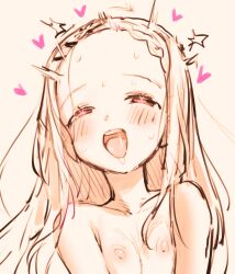 Rule 34 | 1girl, ahegao, aoba kokona, blush, breasts, cleavage, eisu (eith), forehead, heart, heart-shaped pupils, highres, long hair, nipples, sepia, simple background, small breasts, symbol-shaped pupils, tongue, tongue out, white background, yama no susume