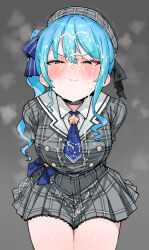 1girl absurdres arms_behind_back belt belt_buckle beret blue_belt blue_eyes blue_hair blush bow breasts buckle bukkake buttons choker collared_shirt cum cum_on_body cum_on_clothes cum_on_hair double-breasted embarrassed eyebrows_hidden_by_hair facial grey_background grey_hat hair_between_eyes hair_bow hat highres hololive hoshimachi_suisei looking_at_viewer mac_(pixiv31869137) motion_lines narrowed_eyes necktie nose_blush plaid_clothes plaid_skirt shirt side_ponytail skirt small_breasts steam sweat sweatdrop thighs thighs_together virtual_youtuber white_shirt