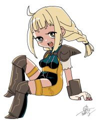 1girl :d blonde_hair blush_stickers boots braid brown_boots brown_eyes final_fantasy final_fantasy_xii full_body highres long_hair nobel_(nobel827) open_mouth penelo short_bangs signature simple_background smile solo teeth twin_braids upper_teeth_only v-shaped_eyebrows white_background