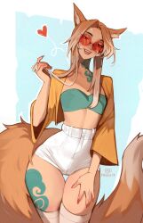 Rule 34 | 1girl, :d, absurdres, animal ear fluff, animal ears, artist name, blue background, breasts, brown hair, commentary, cowboy shot, english commentary, fox ears, fox girl, fox tail, glasses, hand on own thigh, heart, highleg shorts, highres, large tail, leg tattoo, long hair, long sleeves, looking at viewer, maewix (artist), multicolored hair, neck tattoo, open clothes, open mouth, open shirt, orange shirt, original, red-tinted eyewear, round eyewear, shirt, short shorts, shorts, simple background, small breasts, smile, solo, tail, tattoo, thigh gap, thighhighs, tinted eyewear, two-tone hair, white hair, white shorts, white thighhighs