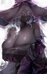 1girl bare_shoulders black_skin breasts colored_skin dark_skin elden_ring elden_ring_nightreign hat hat_over_eyes highres korusakku large_breasts long_hair long_sleeves purple_hat recluse_(elden_ring) simple_background smile solo white_hair witch witch_hat