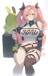 Rule 34 | 1girl, absurdres, amillion (zenless zone zero), bangboo (zenless zone zero), bare shoulders, black shorts, breasts, cleavage, crunchy (namtaehyeon1234), highres, invisible chair, large breasts, navel, nicole demara, pink hair, short shorts, shorts, sitting, solo focus, strapless, tube top, two side up, white tube top, zenless zone zero