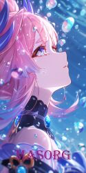 1girl absurdres ai-generated artist_name bare_shoulders blunt_bangs bow detached_sleeves from_side genshin_impact highres horns hydro_symbol_(genshin_impact) japanese_clothes long_hair looking_up masorg nontraditional_miko parted_lips pink_hair purple_eyes sangonomiya_kokomi solo vision_(genshin_impact) water